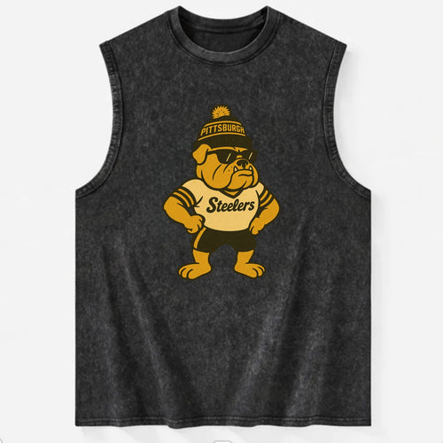 Pittsburgh Bulldog wearing Steelers black and gold beanie with pom pom and - Vintage Washed Tank