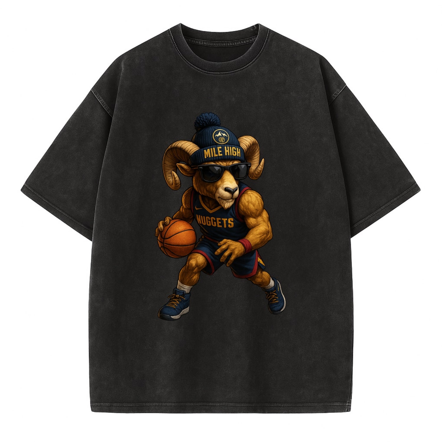 Mile High Bighorn wearing Nuggets beanie with mountain patch and wayfarer - Vintage T-shirt - Black