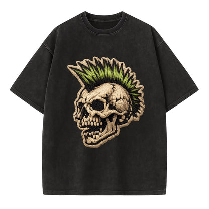 MOHAWK SKULL - punk skull with mohawk in neon green and black , punk rock - Vintage T-shirt - Black