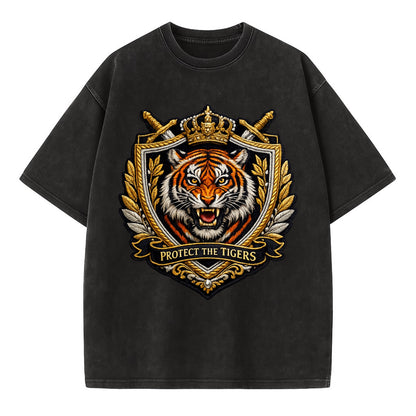 PROTECT THE TIGERS - tiger with shield in orange , big cat conservation - Vintage T-shirt - Black