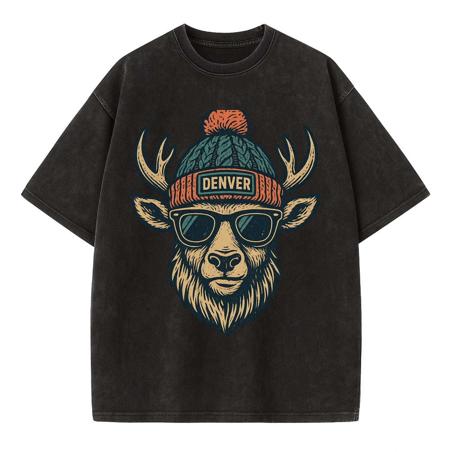 Denver Elk wearing Denver beanie with pom pom and wayfarer sunglasses - Vintage T-shirt - Black