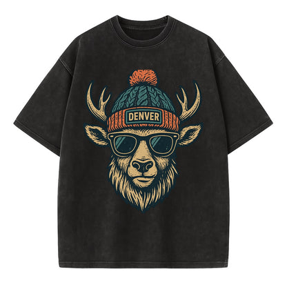 Denver Elk wearing Denver beanie with pom pom and wayfarer sunglasses - Vintage T-shirt - Black