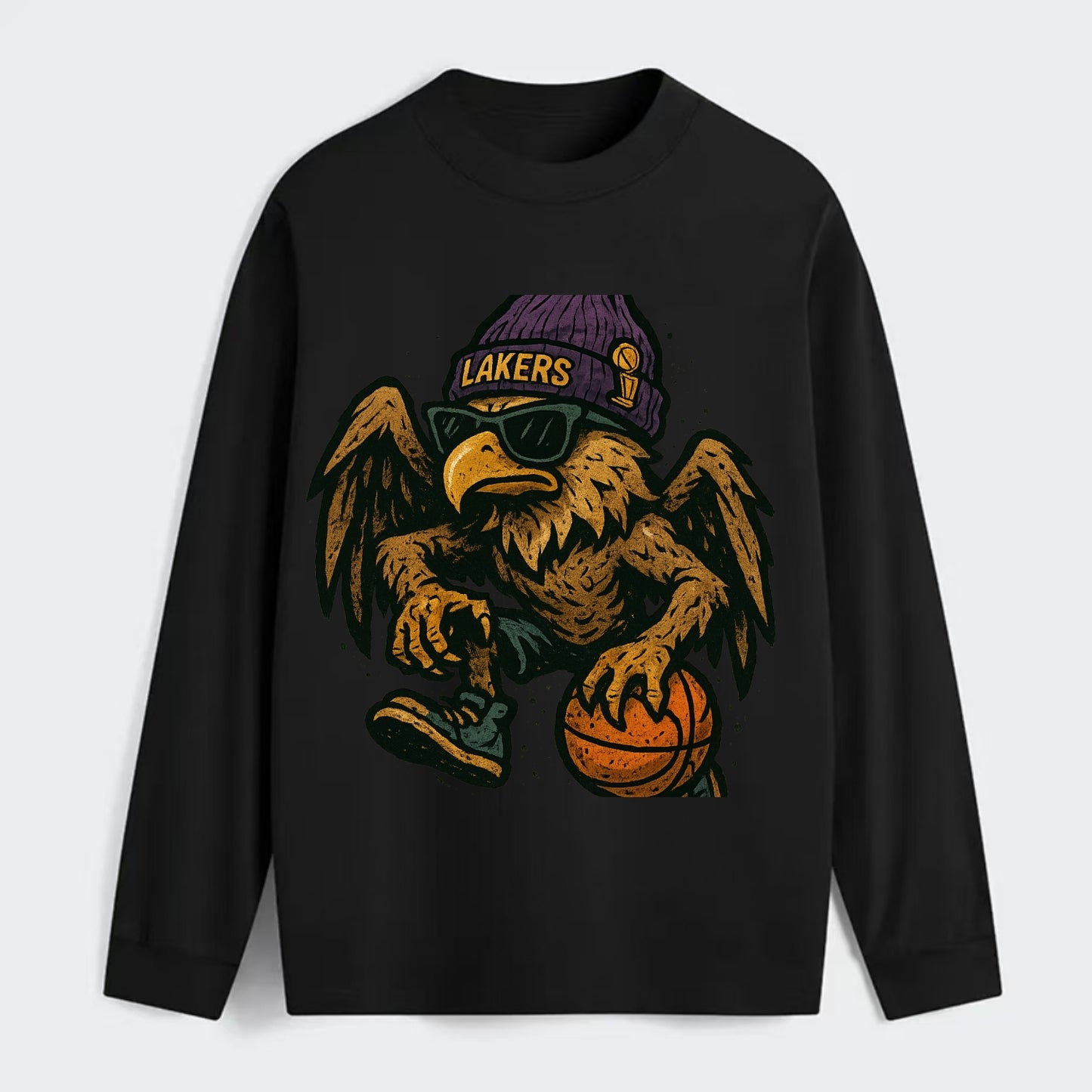 Los Angeles Golden Eagle wearing Lakers beanie with trophy patch and - Classic Long Sleeve Shirt - Black