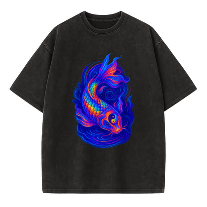 Sacred koi with scales reflecting rainbow prisms, yin-yang patterns in cosmic - Vintage T-shirt - Black