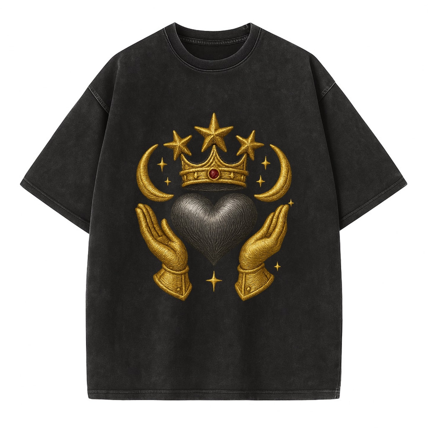 Sun goddess crown radiating golden rays over a midnight heart with henna-adorned - Vintage T-shirt - Black