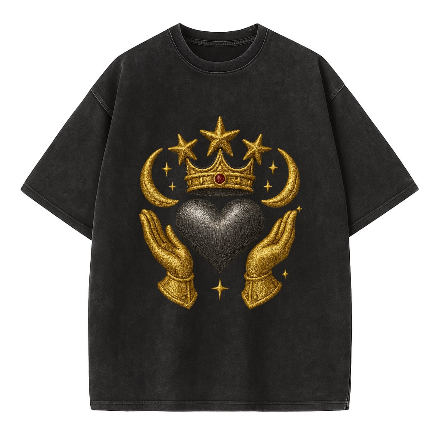 Sun goddess crown radiating golden rays over a midnight heart with henna-adorned - Vintage T-shirt - Black