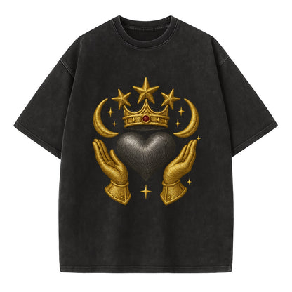 Sun goddess crown radiating golden rays over a midnight heart with henna-adorned - Vintage T-shirt - Black