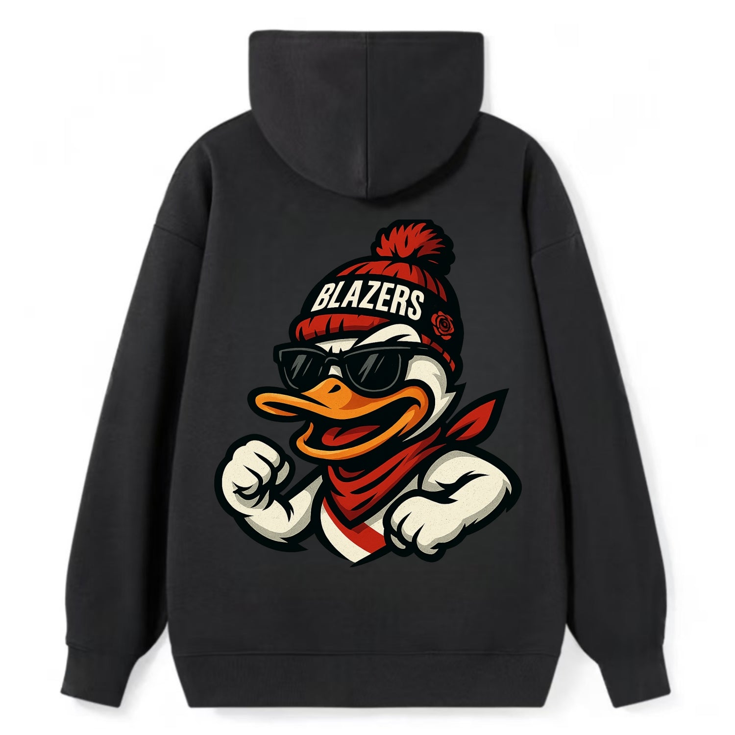 Oregon Duck wearing Trail Blazers beanie with rose patch and wayfarer - Classic Pullover Hoodie - Black