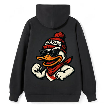 Oregon Duck wearing Trail Blazers beanie with rose patch and wayfarer - Classic Pullover Hoodie - Black