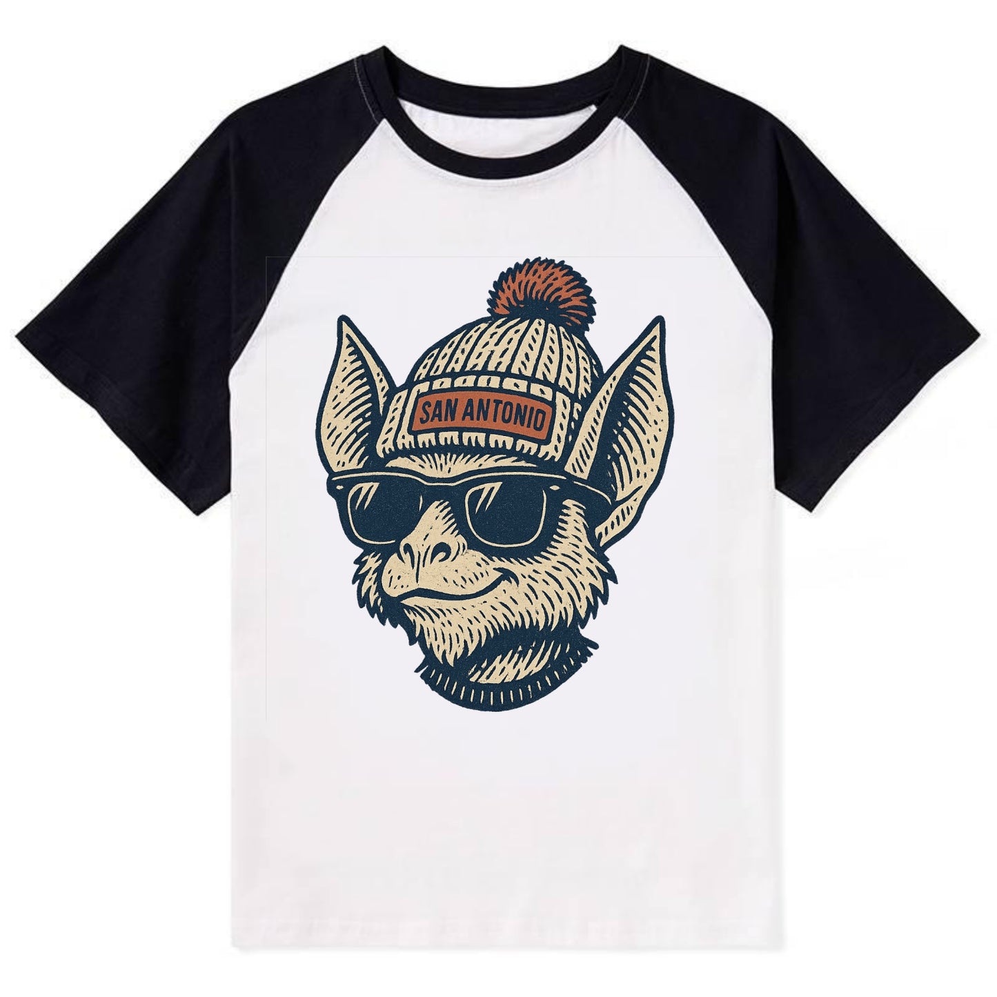 San Antonio Bat wearing San Antonio beanie with pom pom and wayfarer - Contrast Raglan T-shirt - Black