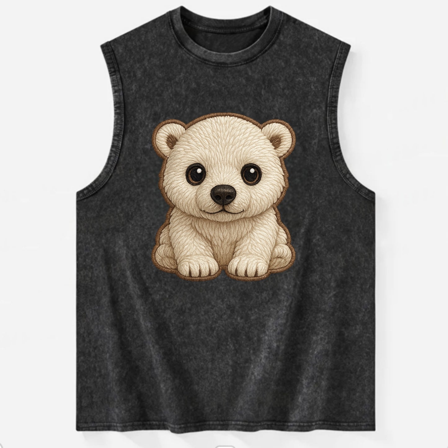 Baby Polar Bear Cub - white fluffy, black nose, dark curious eyes, - Vintage Washed Tank - Black