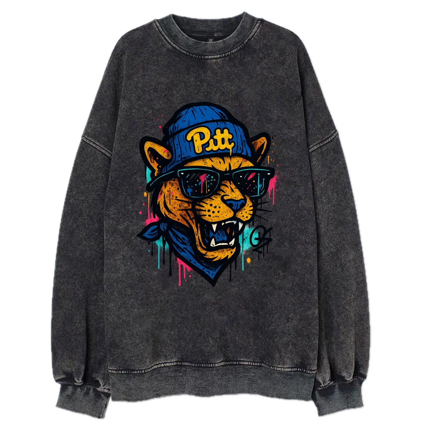 Pittsburgh Panther wearing Pitt beanie with script patch - Vintage Sweatshirt - Black