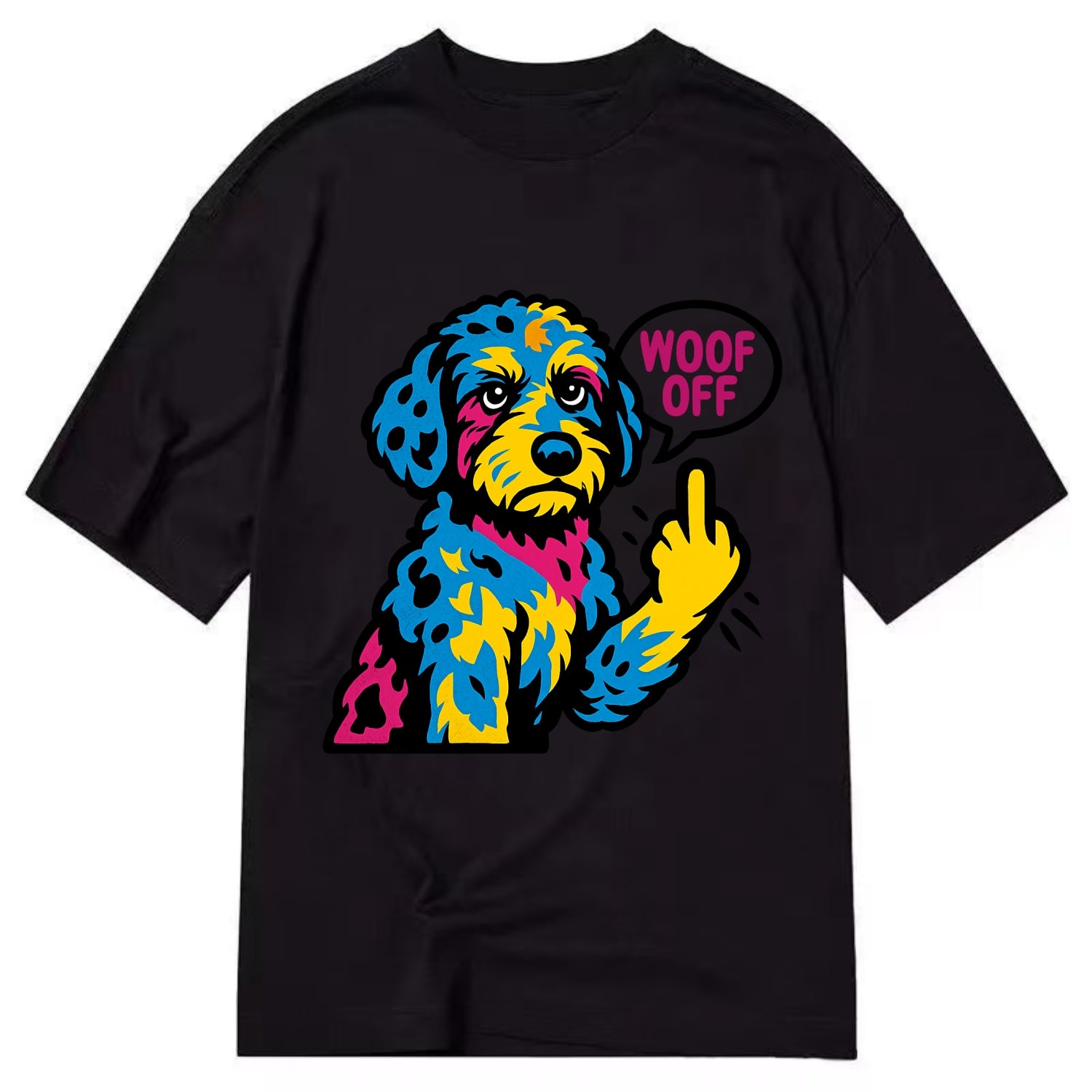 Aussiedoodle with merle patches and curly coat, playful smart paw raised - Classic T-shirt - Black