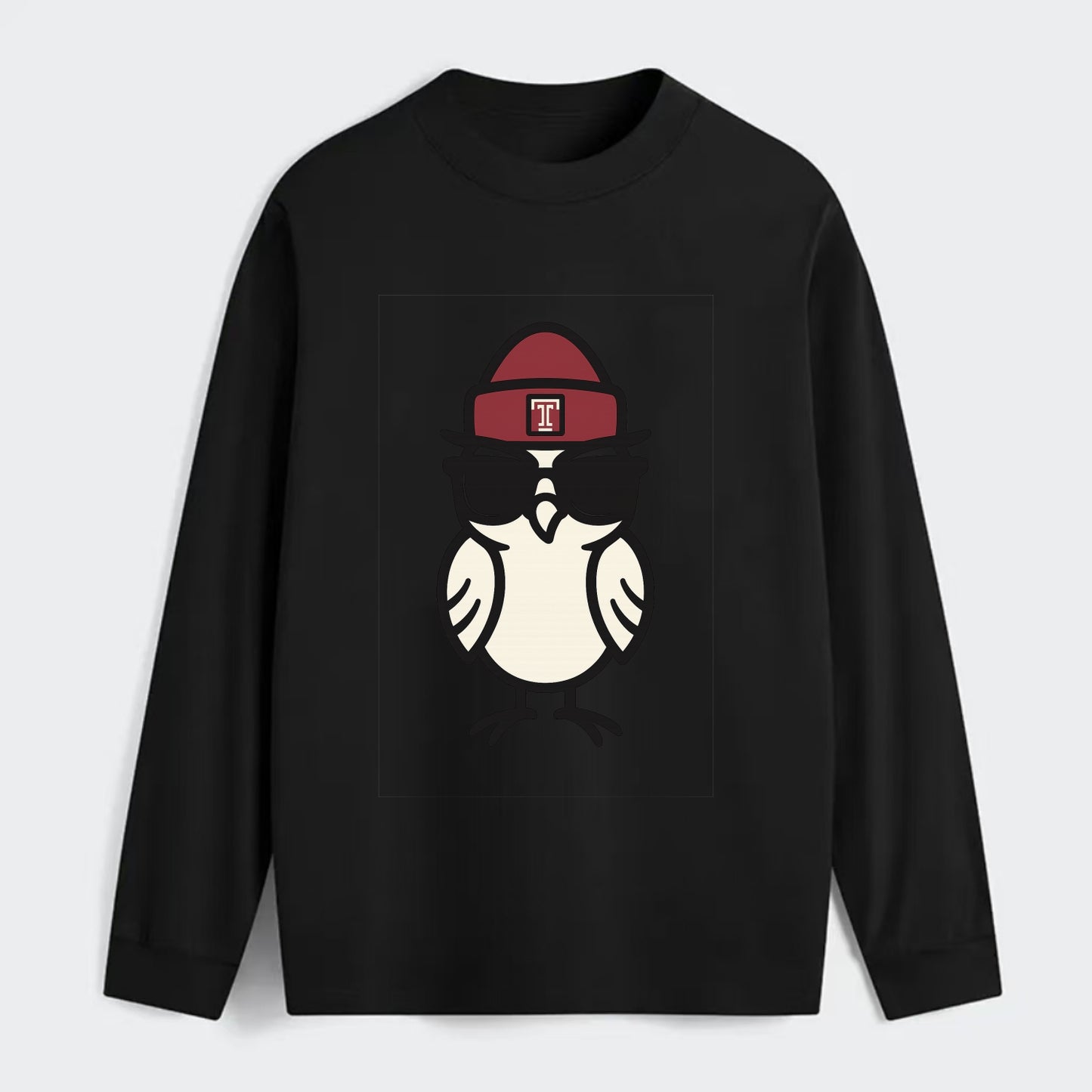 Philadelphia Owl wearing Temple beanie with T patch - Classic Long Sleeve Shirt - Black