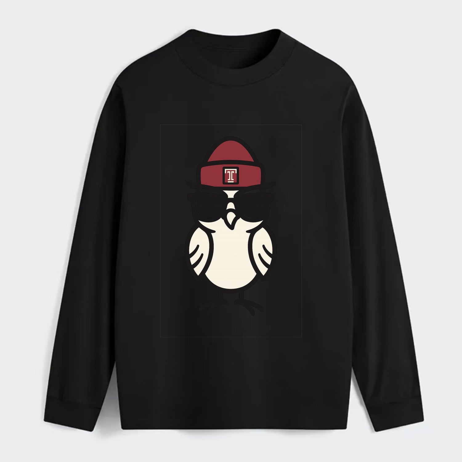 Philadelphia Owl wearing Temple beanie with T patch - Classic Long Sleeve Shirt - Black