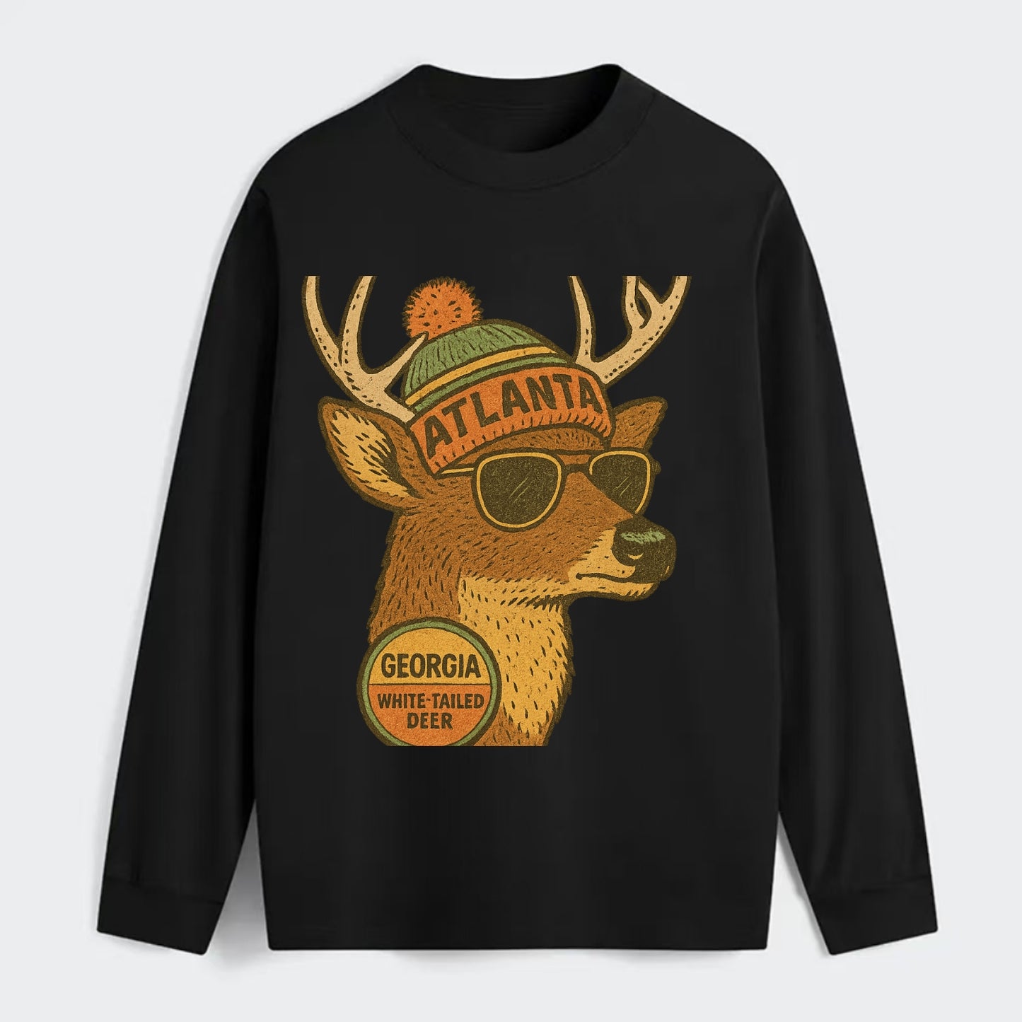 Georgia White-tailed Deer wearing Atlanta beanie with pom pom and - Classic Long Sleeve Shirt - Black