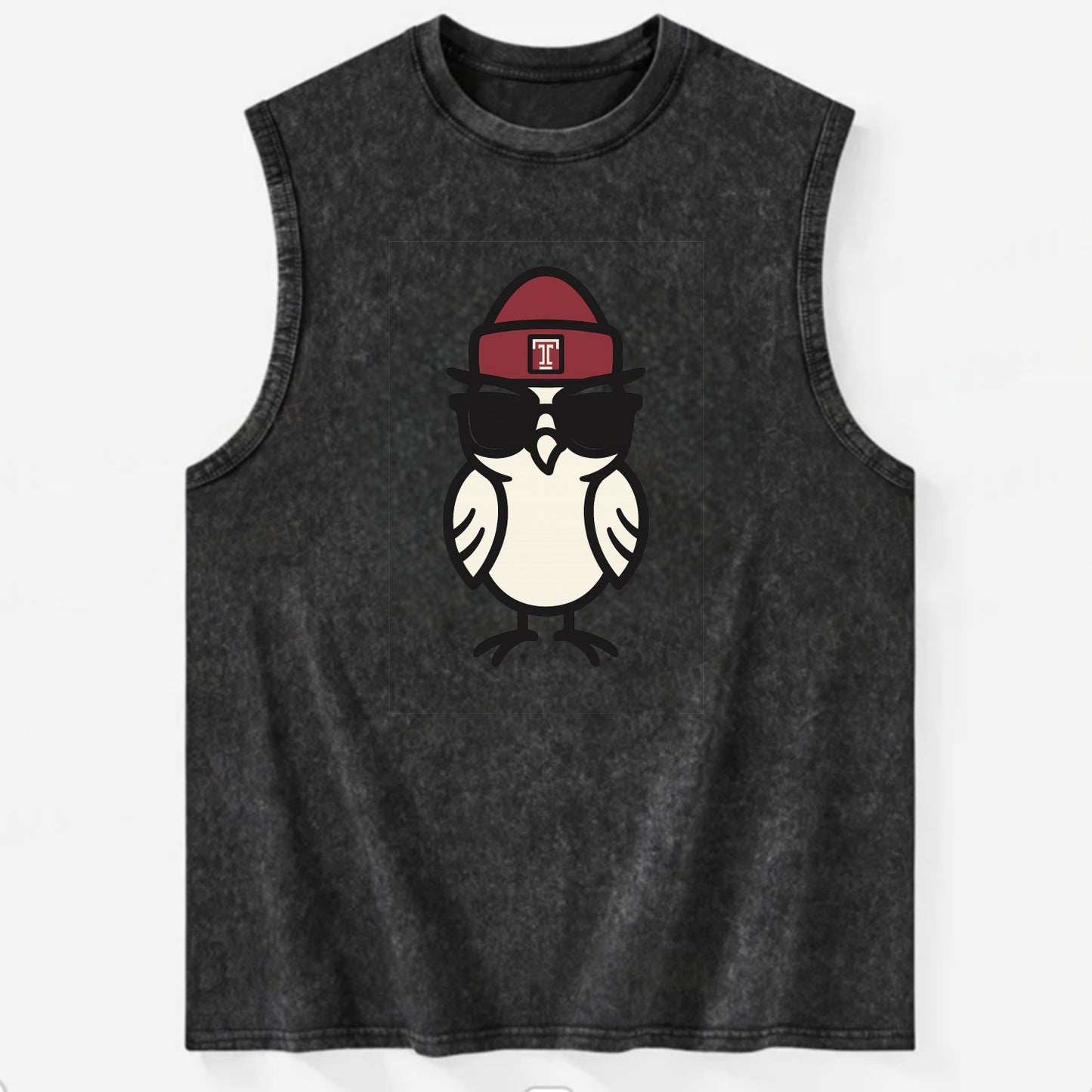 Philadelphia Owl wearing Temple beanie with T patch - Vintage Washed Tank - Black