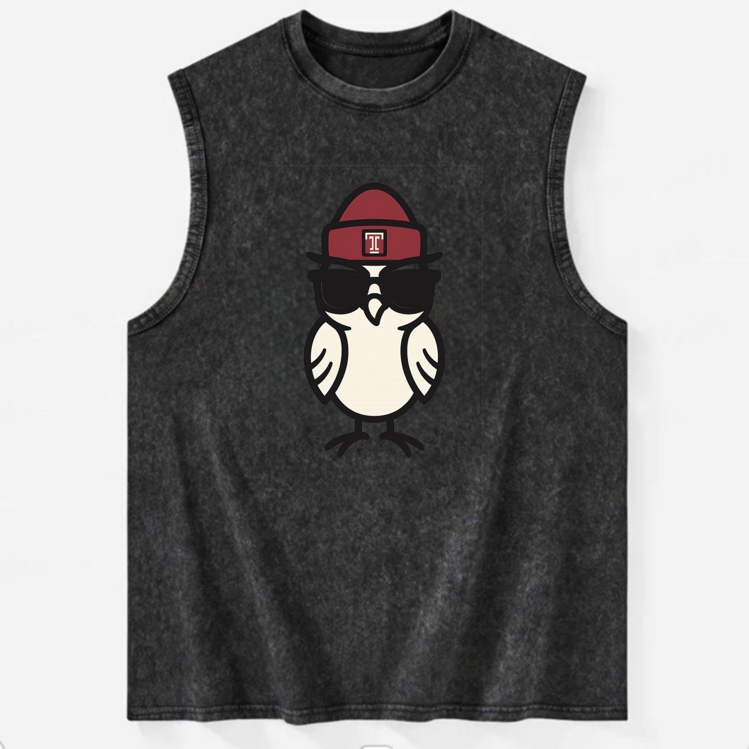 Philadelphia Owl wearing Temple beanie with T patch - Vintage Washed Tank - Black