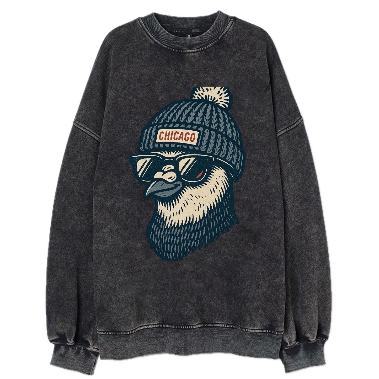 Chicago Pigeon wearing Chicago beanie with pom pom and wayfarer sunglasses - Vintage Sweatshirt - Black