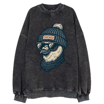 Chicago Pigeon wearing Chicago beanie with pom pom and wayfarer sunglasses - Vintage Sweatshirt - Black