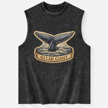 WHALE TAIL - diving whale in blue and gray , ocean giant - Vintage Washed Tank - Black