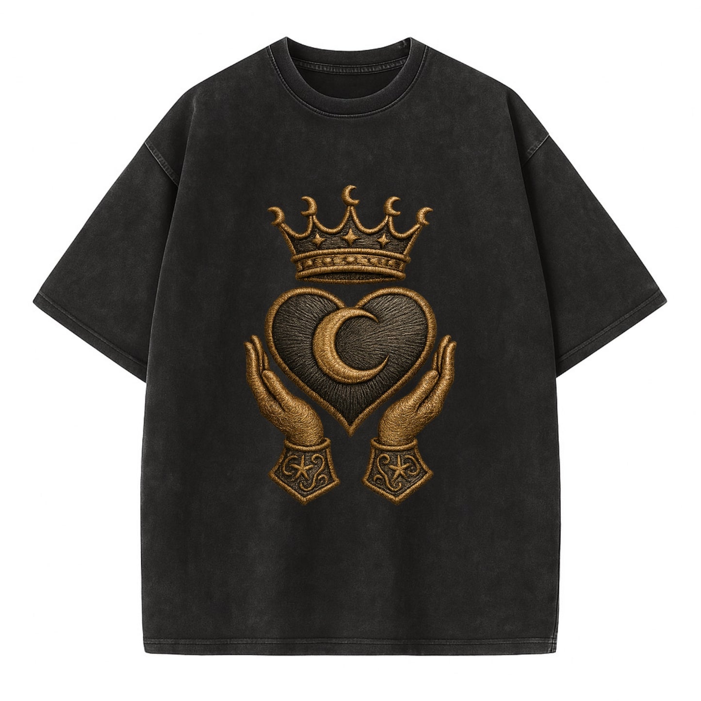 Moonlit crescent crown cradling a hematite heart with stargazer hands cupped - Vintage T-shirt - Black