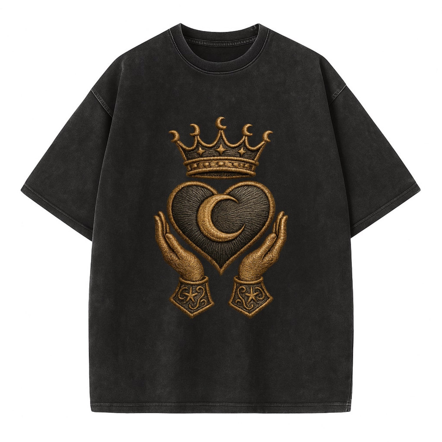 Moonlit crescent crown cradling a hematite heart with stargazer hands cupped - Vintage T-shirt - Black