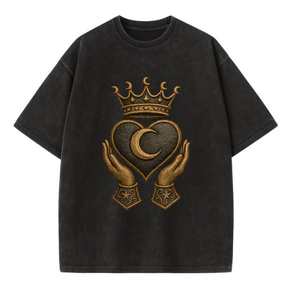 Moonlit crescent crown cradling a hematite heart with stargazer hands cupped - Vintage T-shirt - Black
