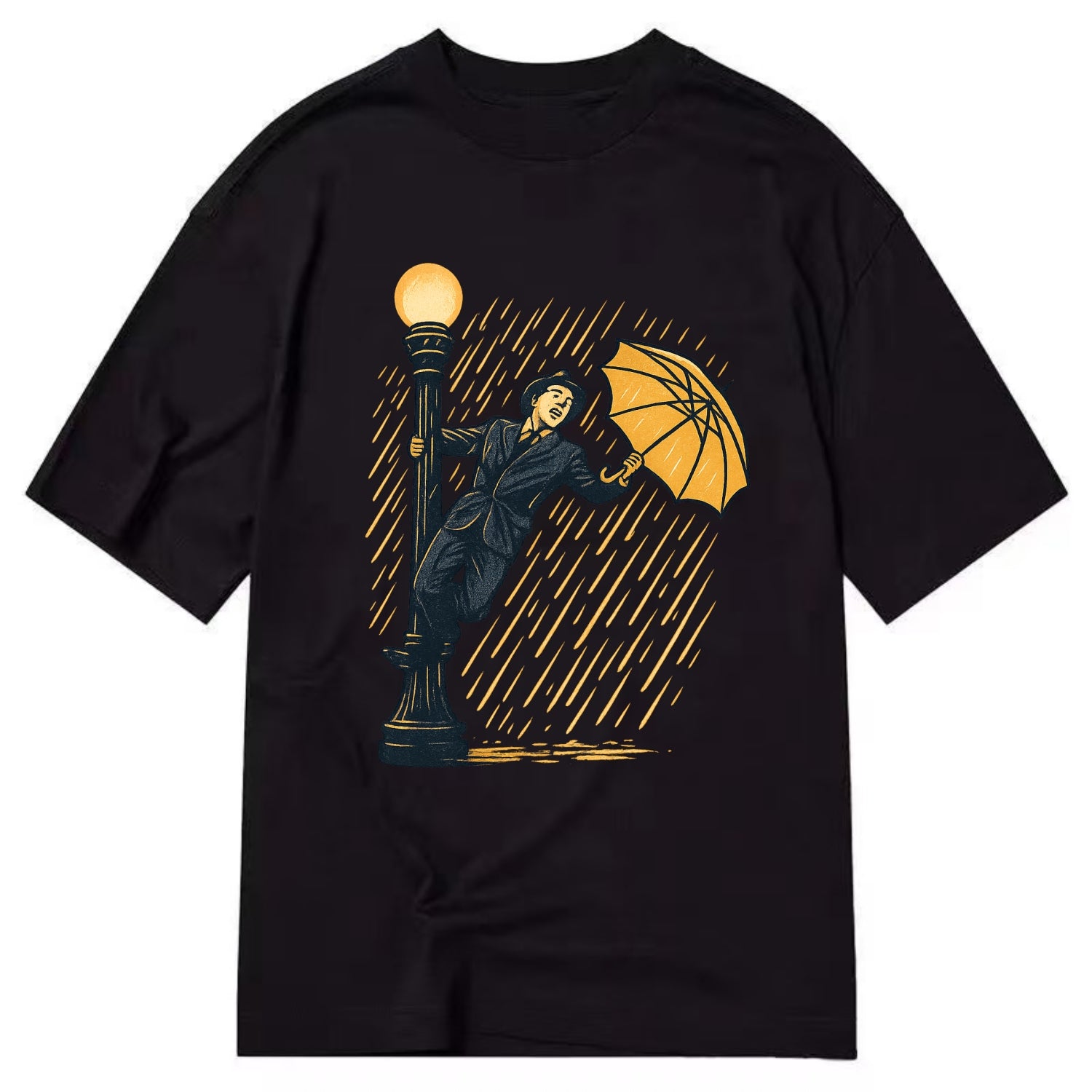 joyful dancing on lamppost in heavy rain with big smile - Classic T-shirt - Black