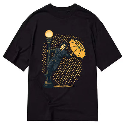 joyful dancing on lamppost in heavy rain with big smile - Classic T-shirt - Black