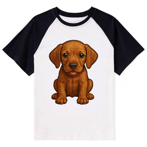 Baby Vizsla Puppy - golden rust coat, soulful eyes, athletic build, - Contrast Raglan T-shirt