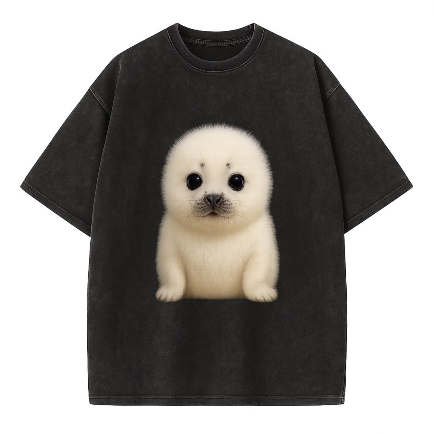 Baby Harp Seal - pure white fluffy fur, enormous dark eyes, front-facing, iconic - Vintage T-shirt - Black