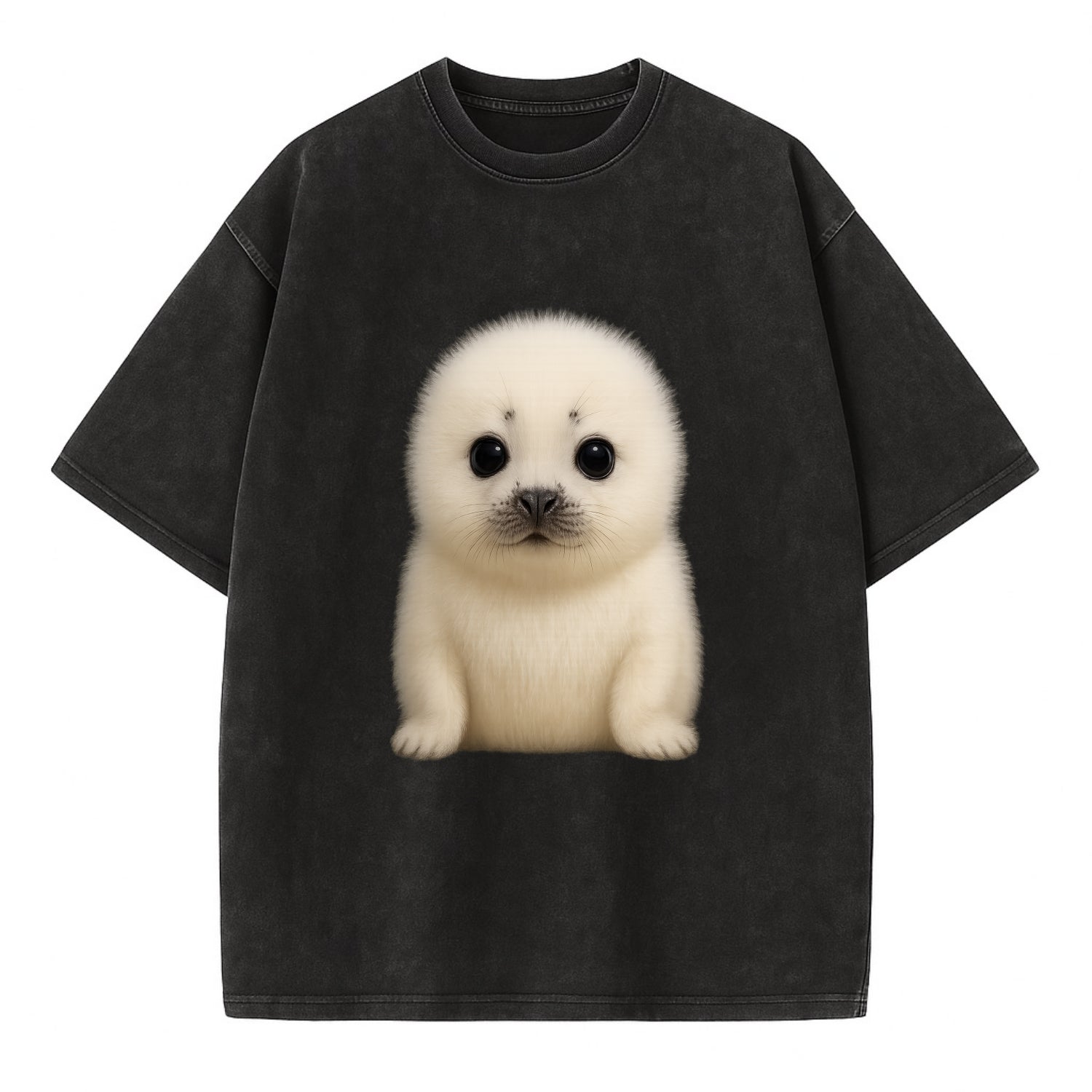 Baby Harp Seal - pure white fluffy fur, enormous dark eyes, front-facing, iconic - Vintage T-shirt - Black