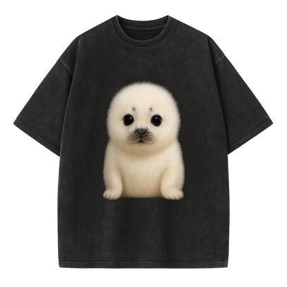 Baby Harp Seal - pure white fluffy fur, enormous dark eyes, front-facing, iconic - Vintage T-shirt - Black