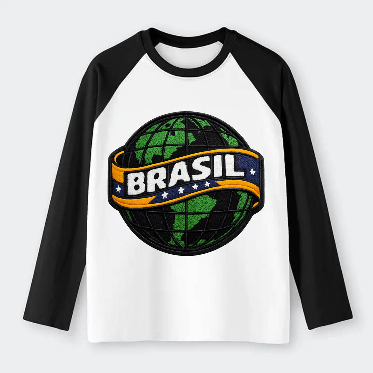 BRAZILIAN FLAG GLOBE - green globe with banner in green yellow blue , - Raglan Long Sleeve T-Shirt - Black