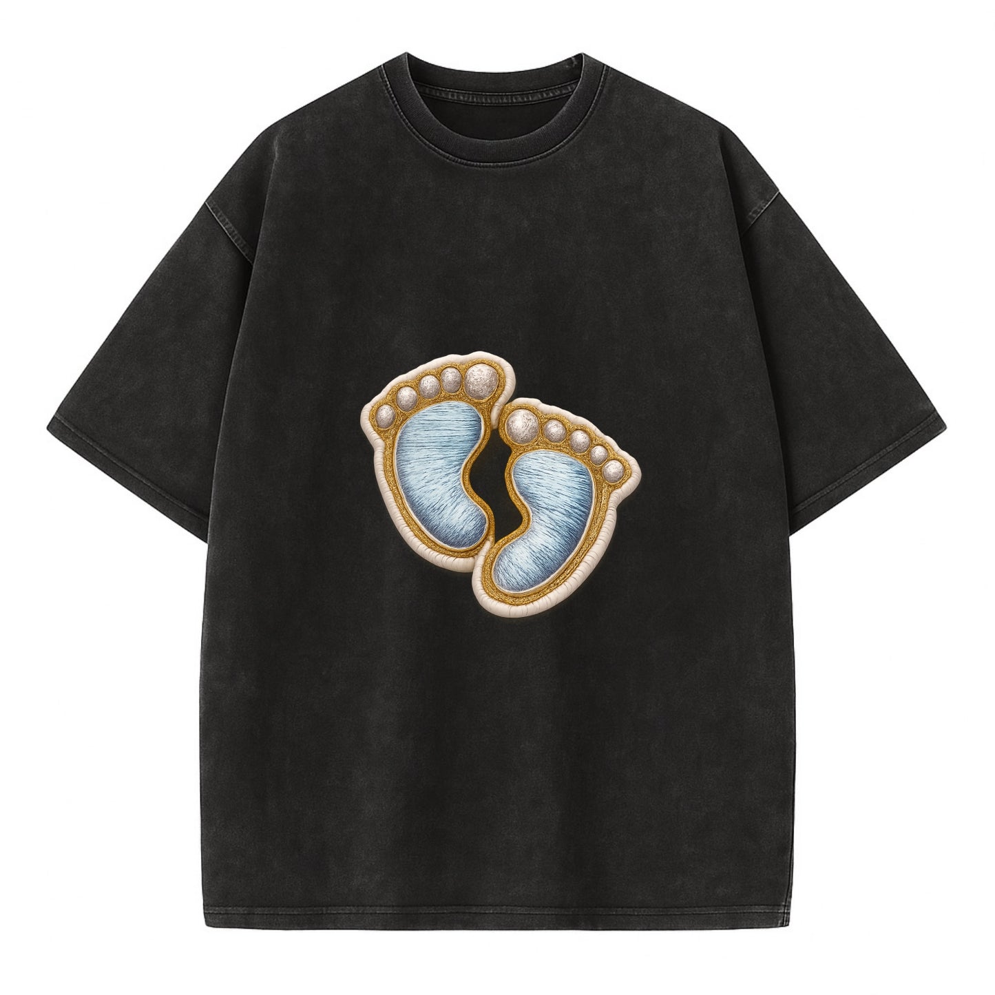 BABY FOOTPRINTS - tiny feet in pink or blue , newborn - Vintage T-shirt - Black