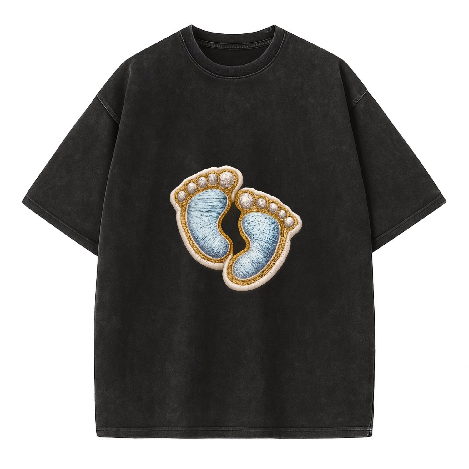 BABY FOOTPRINTS - tiny feet in pink or blue , newborn - Vintage T-shirt - Black