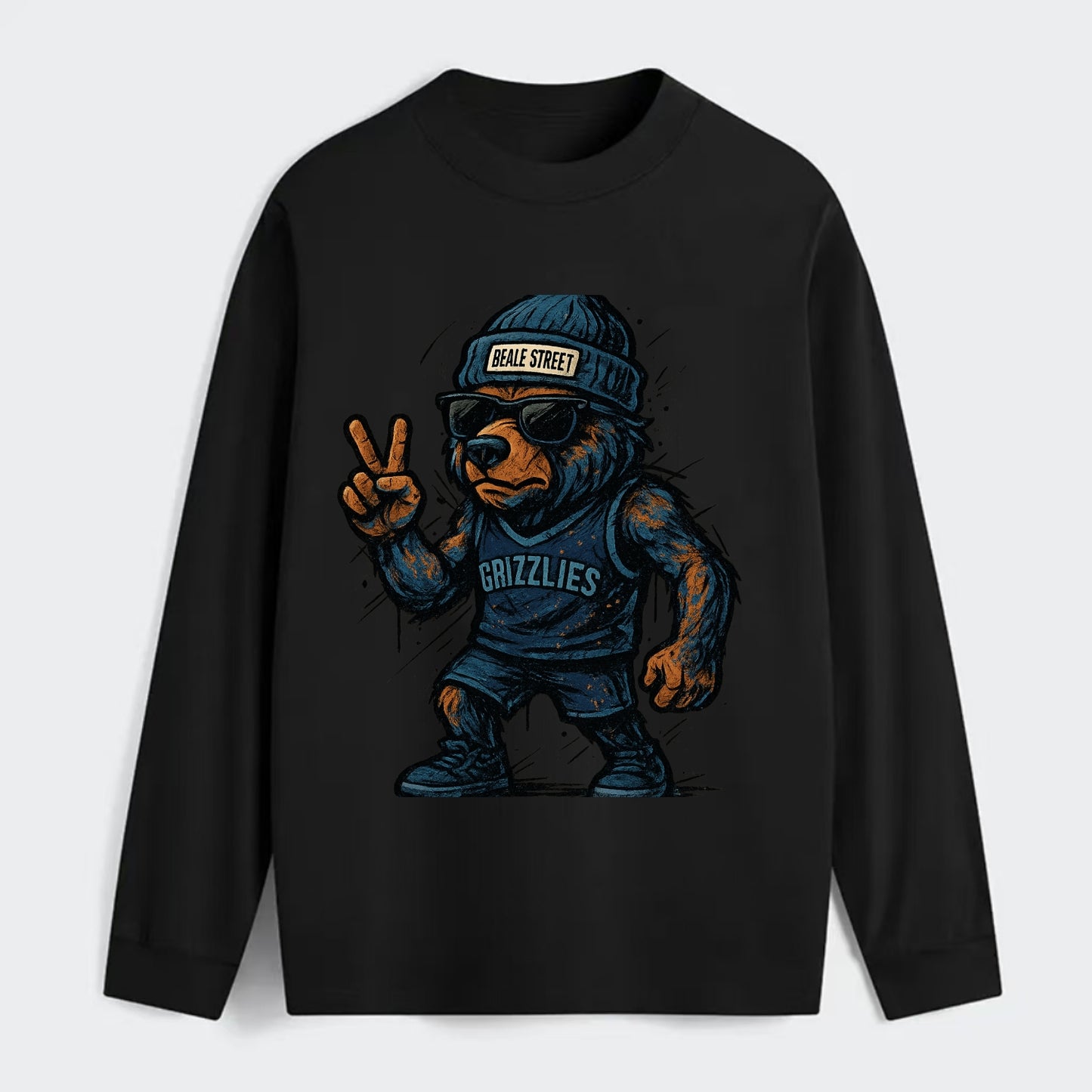 Memphis Grizzly Bear wearing Grizzlies navy and light blue beanie with - Classic Long Sleeve Shirt - Black