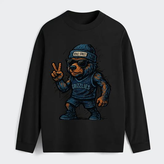 Memphis Grizzly Bear wearing Grizzlies navy and light blue beanie with - Classic Long Sleeve Shirt - Black