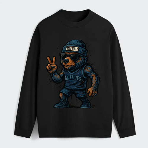 Memphis Grizzly Bear wearing Grizzlies navy and light blue beanie with - Classic Long Sleeve Shirt