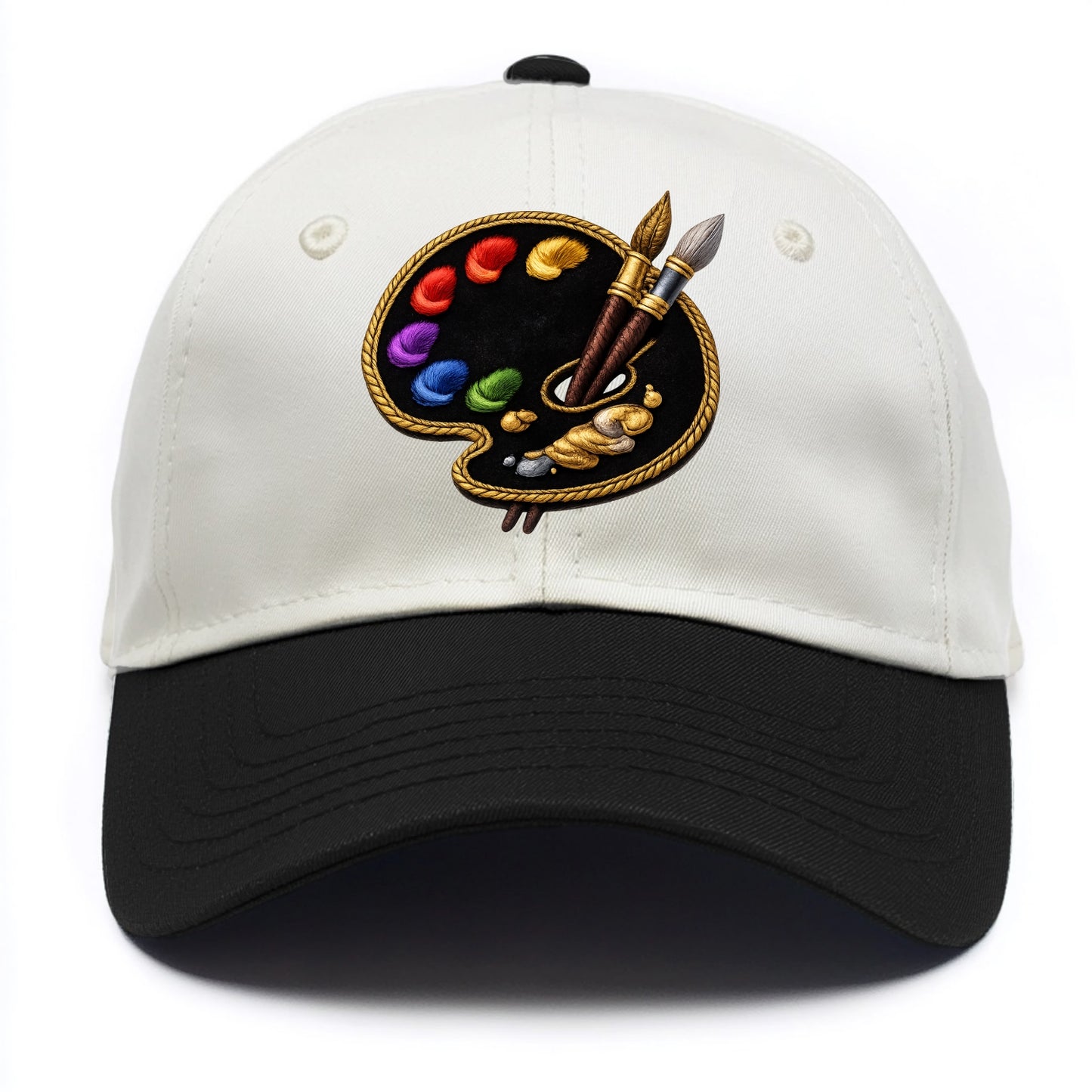 Embroidered patch design - PAINT PALETTE - artist palette with brushes in rainbow - Two Tone Cap - Black