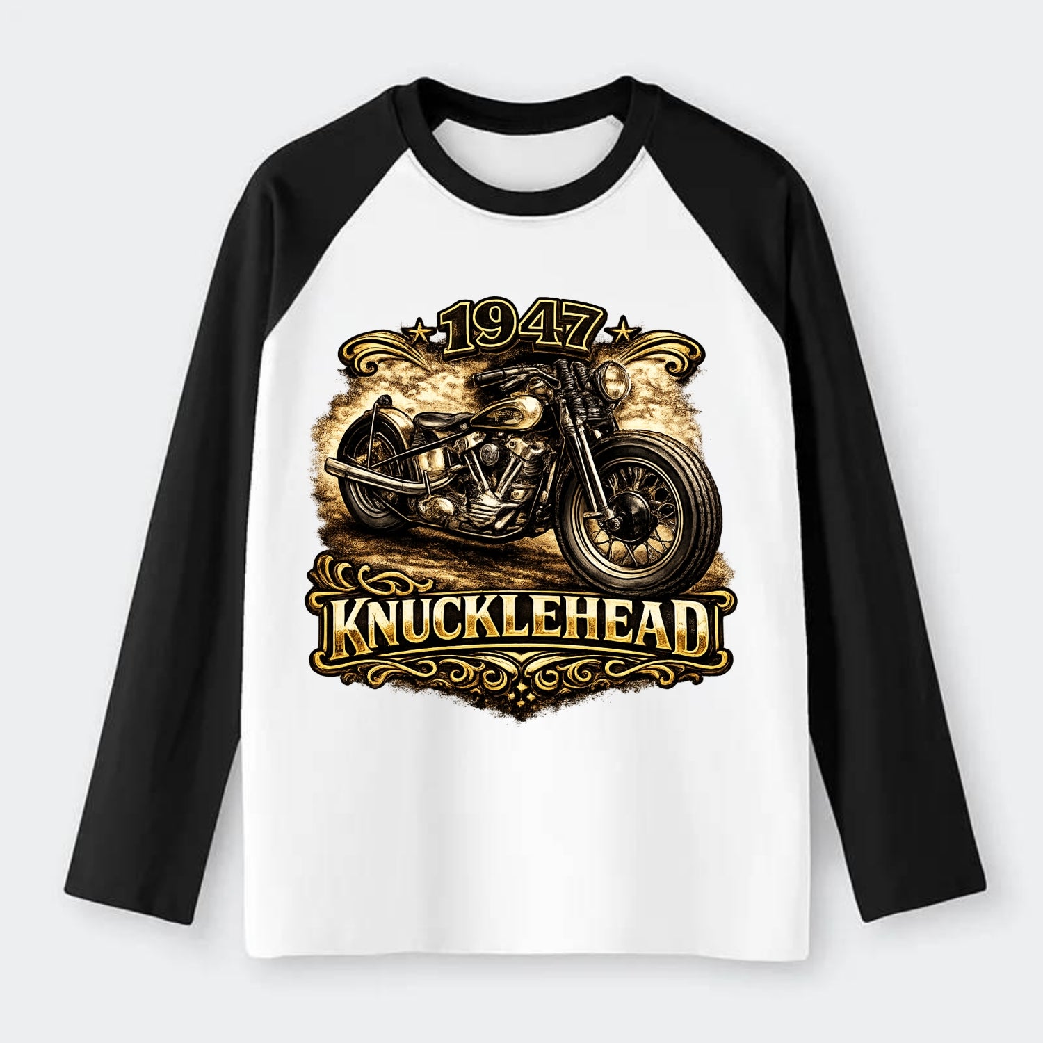 1947 Knucklehead Bobber - Raglan Long Sleeve T-Shirt - Black