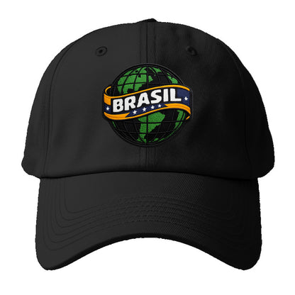 BRAZILIAN FLAG GLOBE - green globe with banner in green yellow blue , Brasil - Baseball Cap - Black
