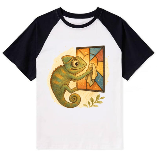 Chameleon blending into a stained-glass window it is polishing with - Contrast Raglan T-shirt