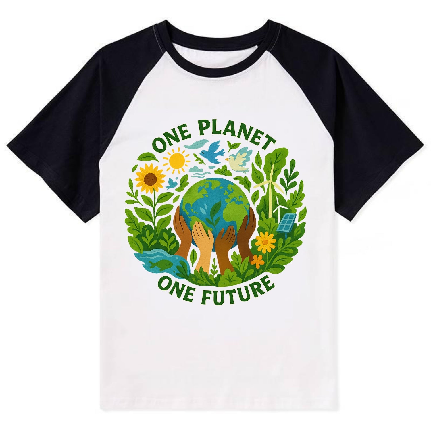 Globe surrounded by hands of all colors working together - "One Planet, - Contrast Raglan T-shirt - Black