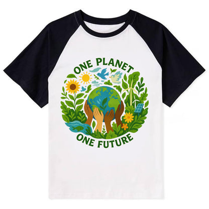 Globe surrounded by hands of all colors working together - "One Planet, - Contrast Raglan T-shirt - Black