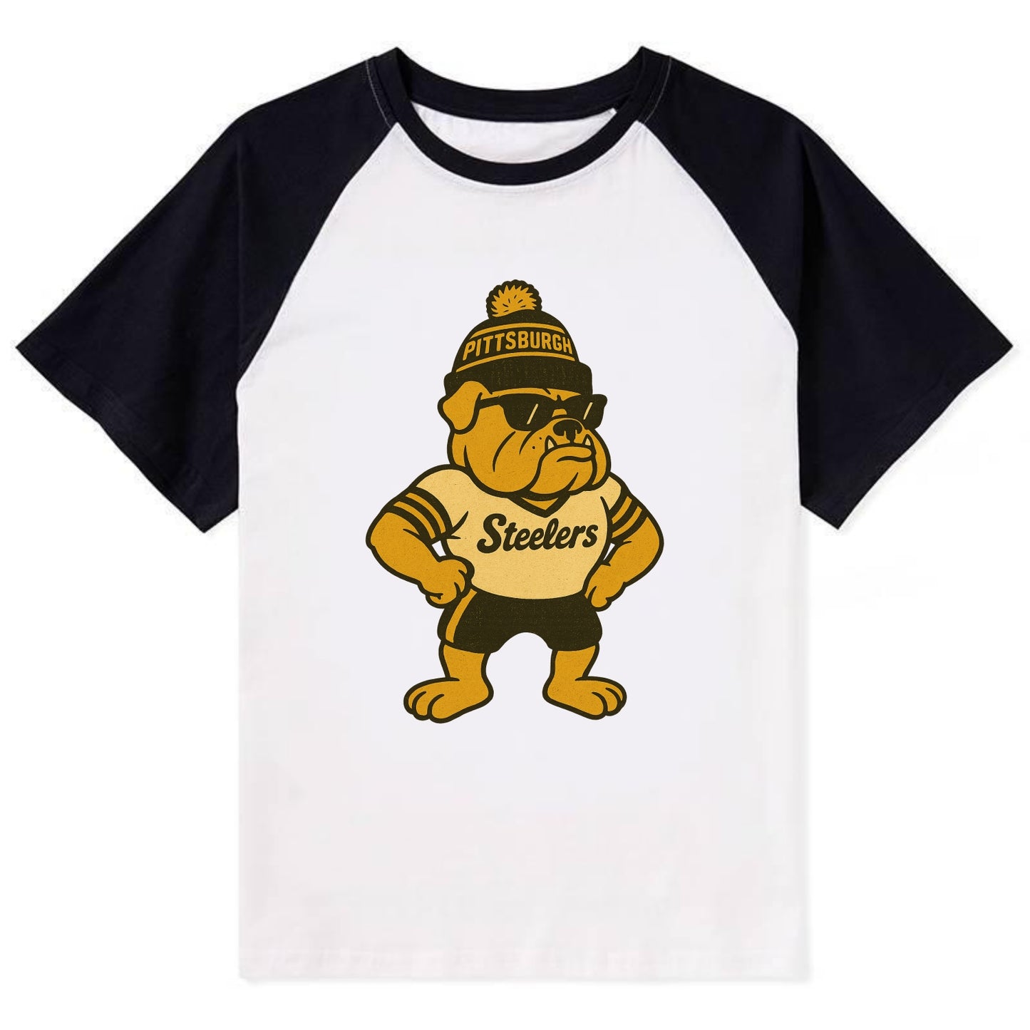 Pittsburgh Bulldog wearing Steelers black and gold beanie with pom pom - Contrast Raglan T-shirt - Black