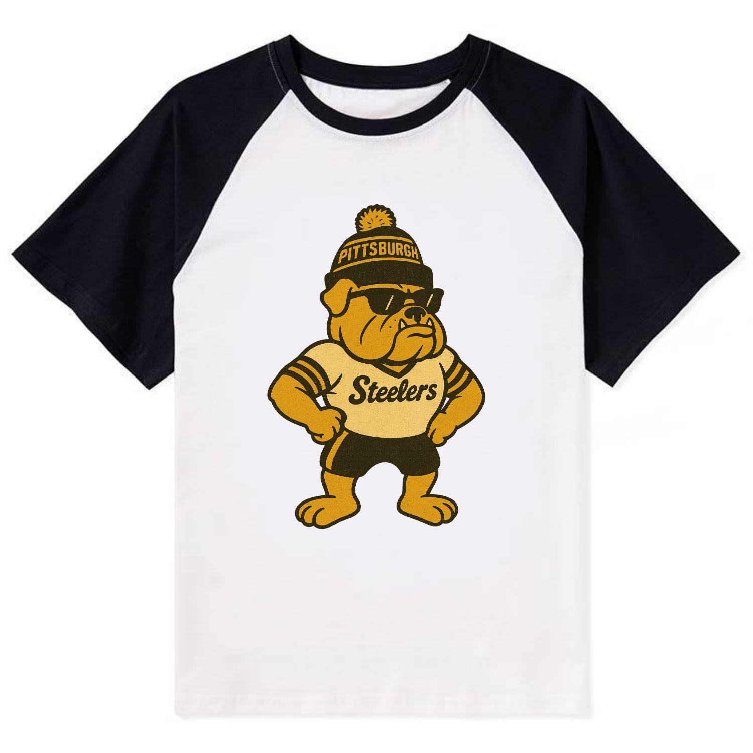Pittsburgh Bulldog wearing Steelers black and gold beanie with pom pom - Contrast Raglan T-shirt - Black