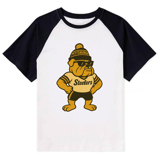 Pittsburgh Bulldog wearing Steelers black and gold beanie with pom pom - Contrast Raglan T-shirt - Black