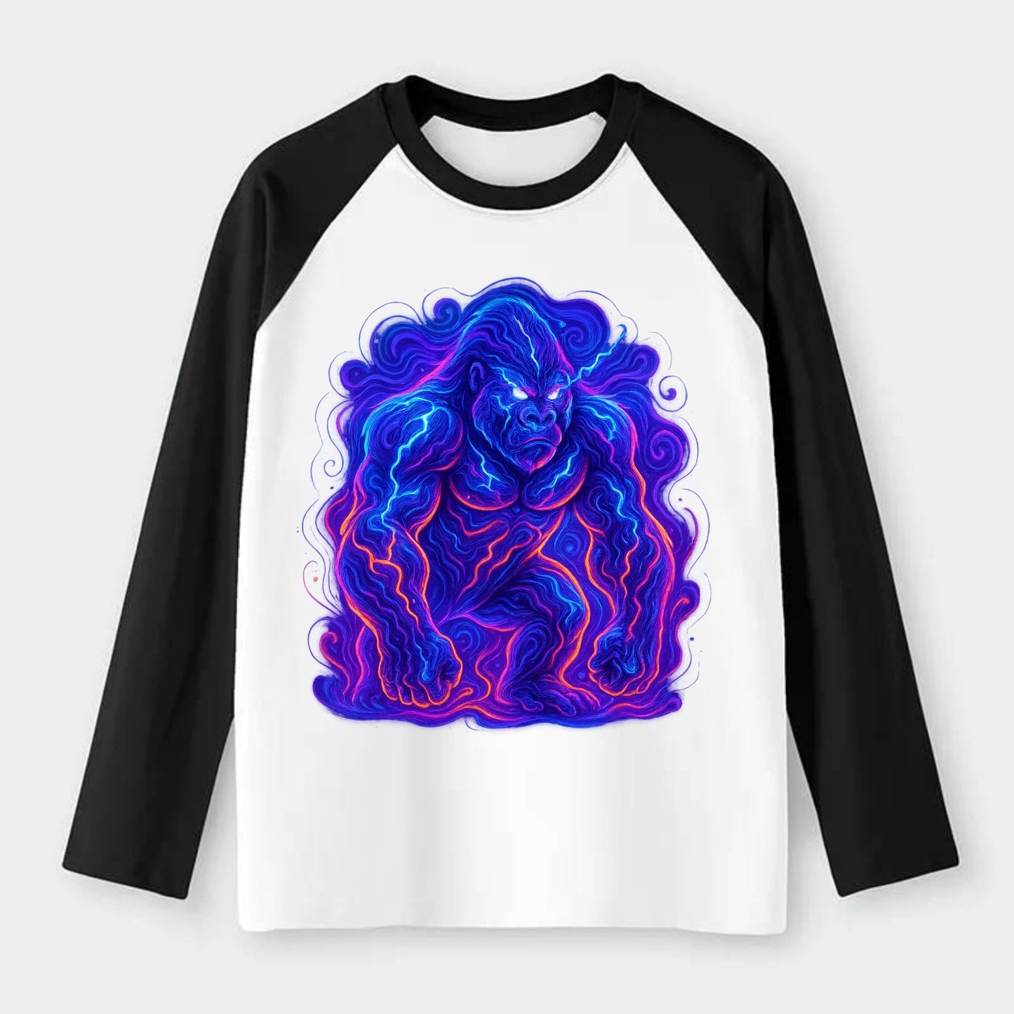 Mighty gorilla with electricity flowing through defined muscles, - Raglan Long Sleeve T-Shirt - Black